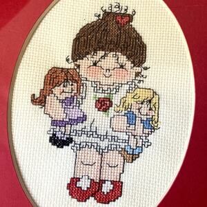 Framed Needlepoint Vintage Embroidery Kids Dolls Cabbage Patch like Grannycore